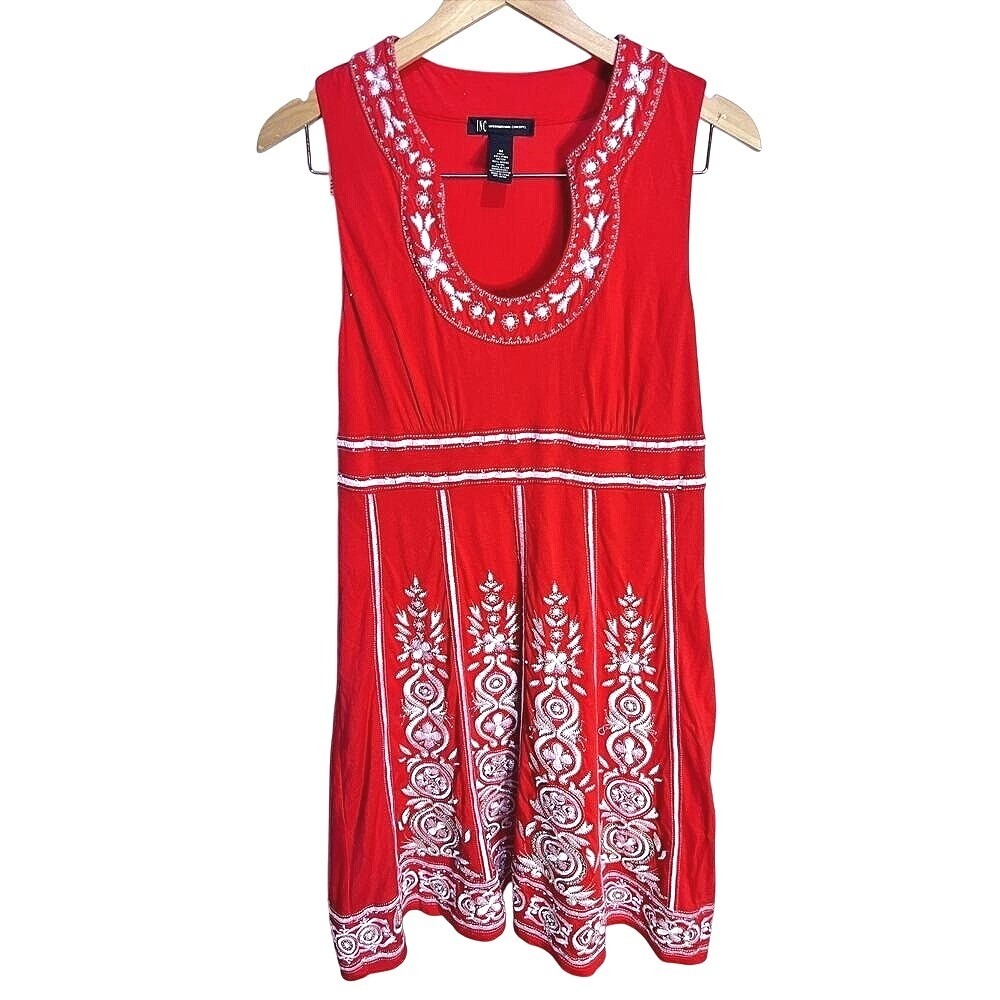 INC International Concepts Red Orange Cotton Floral Embellished Mini Dress